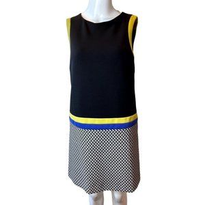 Tahari Women Shift Dress Geo Stretch Colorblock Back Zip White Black Blue SZ 4P